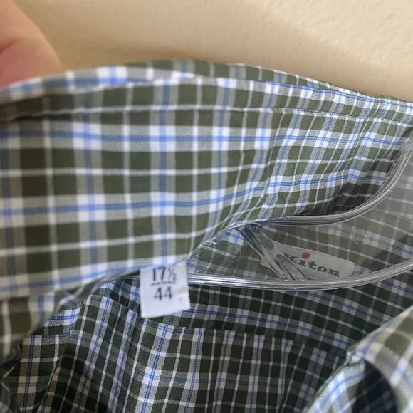 kiton olive green check dress shirt